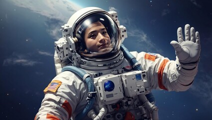 Astronaut in spacesuit floating in space and waving his hand
