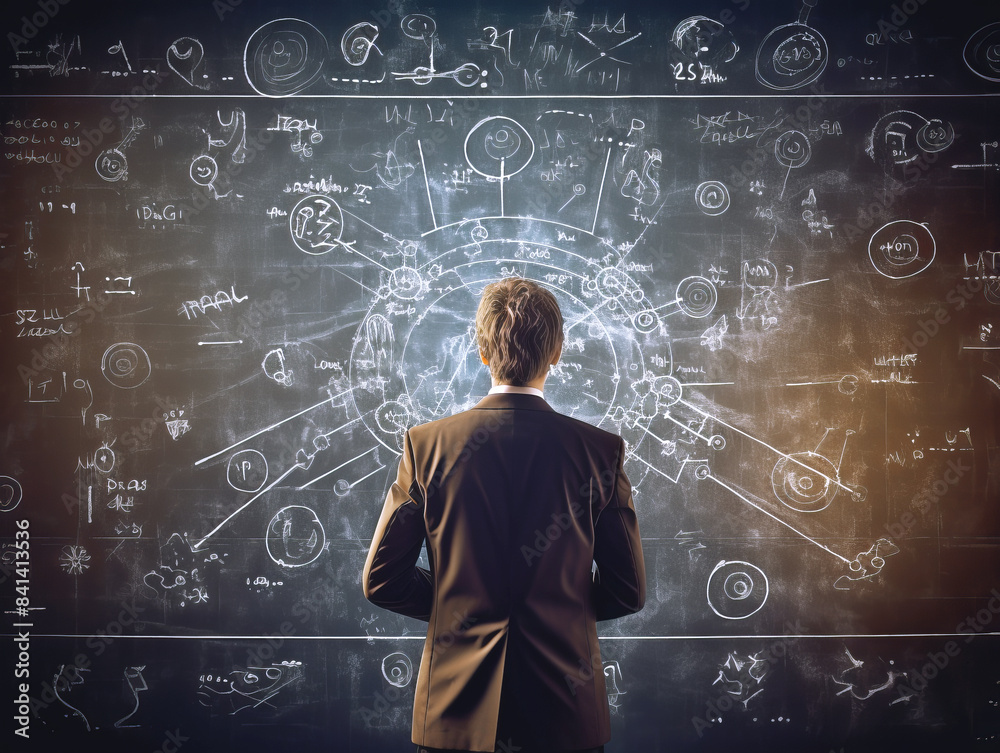 Poster a man in a suit observing complex scientific drawings on a blackboard, embodying the concept of inno