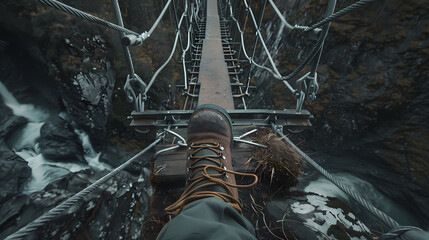 A person is standing on a bridge with their feet on a wooden plank