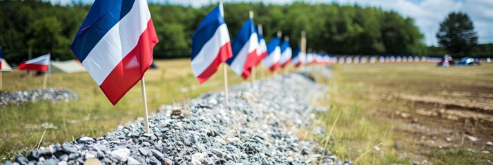 Row of french tricolor flags aligned in a line for patriotic celebration and national pride