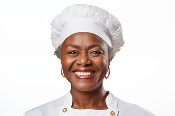 Smiling black pastry chef on white background. Bakery professions. Bakery job offer. Afro American pastry maker. Africa. Image for graphic designer. Image for flyers.