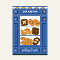 Bakery storefront with fresh breads. Various kind of bread. Vector illustration