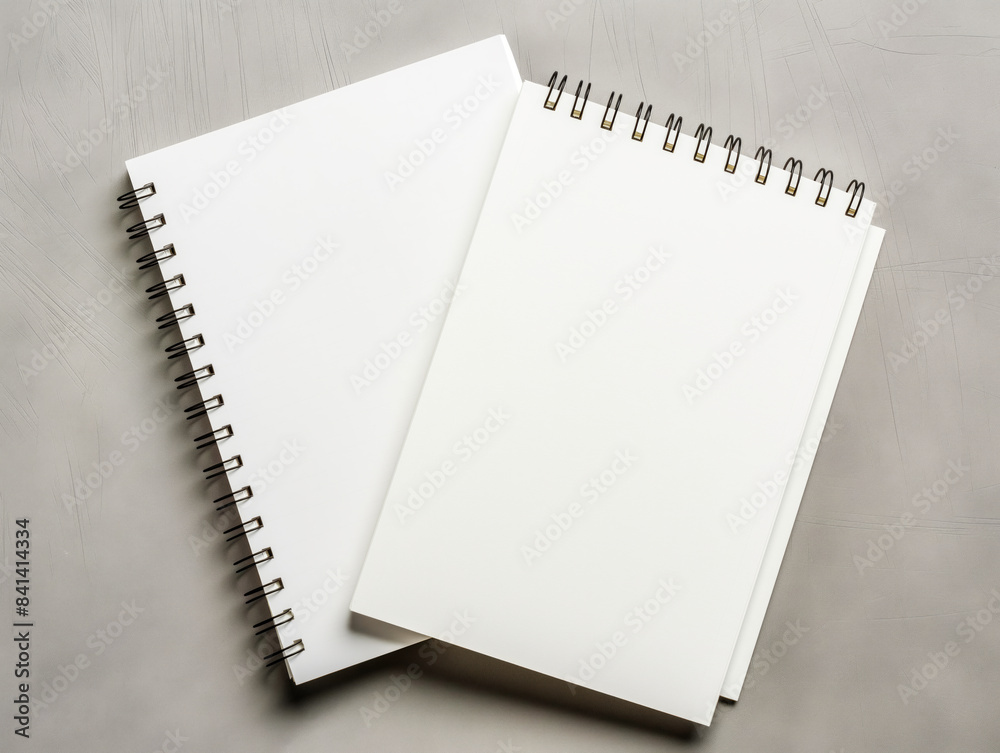 Poster two blank spiral notebooks on a grey background, ideal for a branding or portfolio mockup concept. g