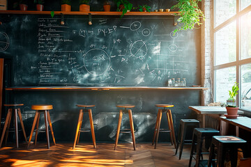An inviting classroom with a blackboard covered in mathematical equations, wooden stools in the foreground, and abundant natural light. Generative AI