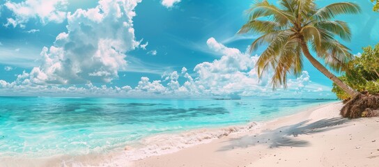 In a tropical island on a sunny day, a palm tree stands out against a blue sky, white clouds, and turquoise ocean with white clouds. The perfect natural landscape for summer vacations.