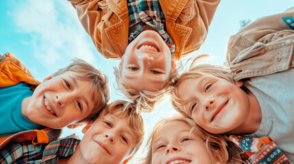 Group of happy children from a low angle against a clear sky background, showcasing friendship and joy. Generative AI