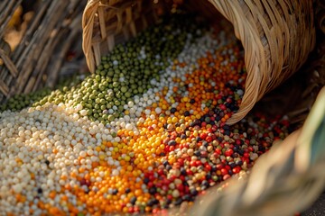 Cereal seeds in shades of yellow, white, and green