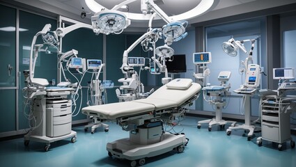 A surgery room with a surgery table and medical equipment.

