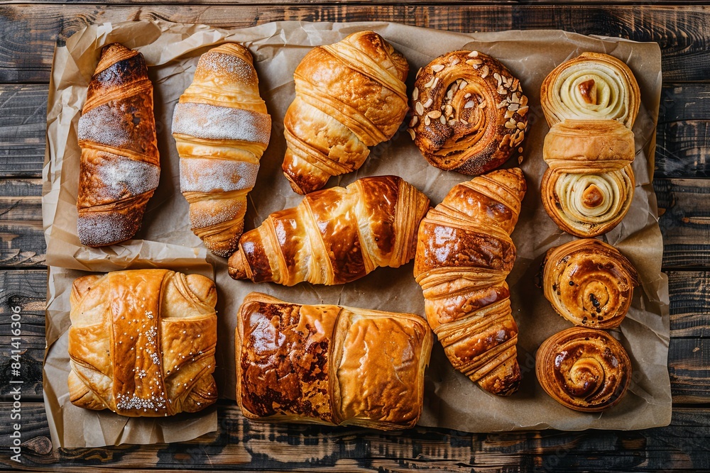 Canvas Prints Assorted Freshly Baked Pastries, Including Croissants and Danishes, Arranged on a Rustic Wooden Table