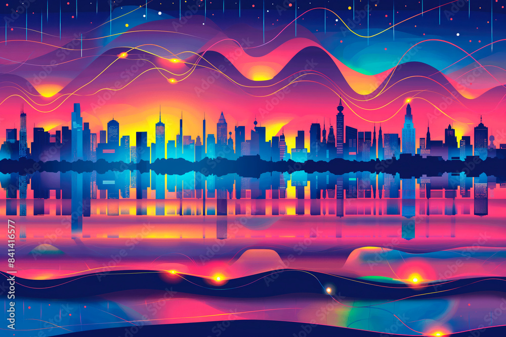 Poster a colorful digital artwork of a futuristic city skyline with dynamic waves and a starry sky in the b