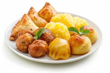 A variety of delicious fried and steamed dim sum served on a white plate, including dumplings, samosas, and mashed potato.