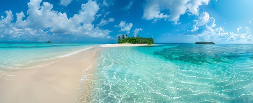 Sunlit sandspit of tropical island receding into distance. Clear water with light clouds in the sky. Beautiful environment. Ultrawide.