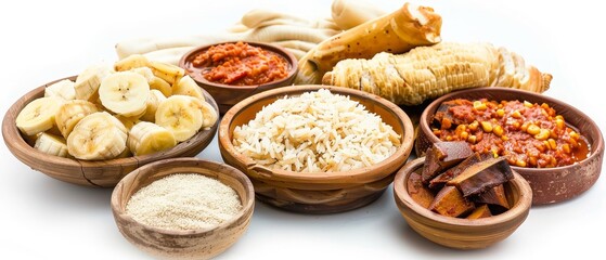 Assorted African traditional dishes including plantains, rice, and various sauces in wooden bowls on white background.