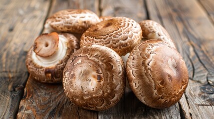 Close-up of several fresh shiitake mushrooms on a rustic wooden surface, appearance in natural light