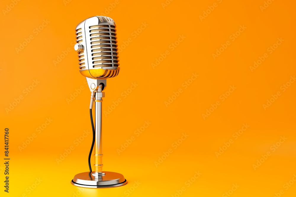 Poster a vintage microphone on a solid orange background, depicting the concept of broadcasting or music pe