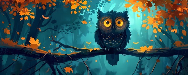 Flat design Halloween owl with glowing eyes, perched on a branch, and spooky forest background