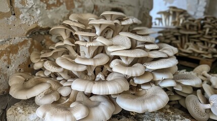 A bunch of bright oyster mushrooms growing on a log indoors, growing mushrooms at home