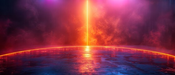 Sleek metallic podium with a cyberpunk cityscape, neon lights and reflections, space for text, emphasizing innovation and technology