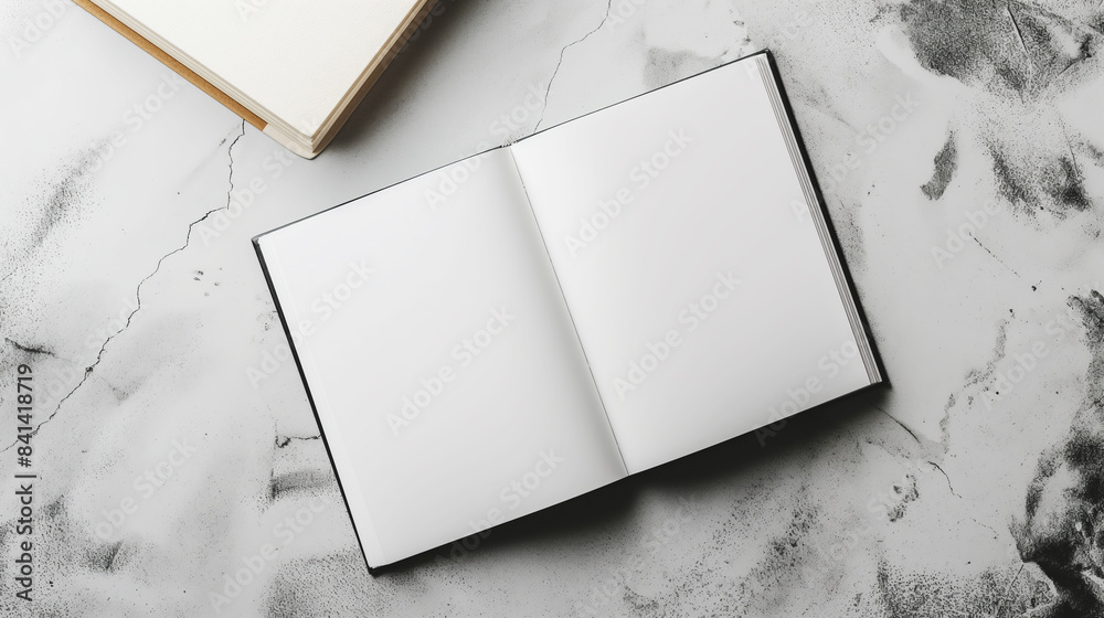 Poster open blank book on a marbled background, showcasing a design mockup concept. generative ai