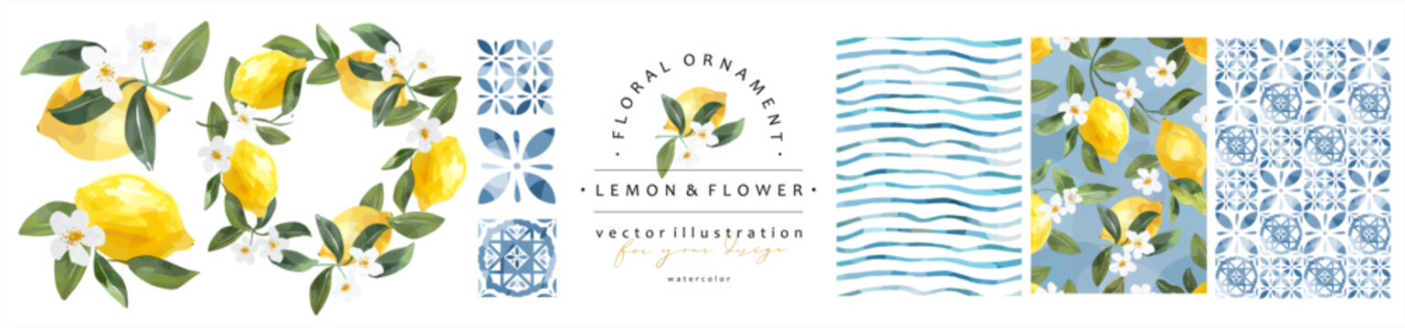 Lemon, flowers and blue Mediterranean tiles. Vector cute elegant watercolor illustration of lemons, frame, striped wave, wreath,  and pattern for background, card, invitation or poster