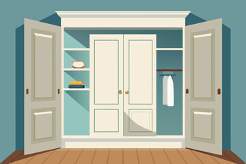 Checkroom with several compartments. There are two closed doors in the center and drawers and shelves on either side. 