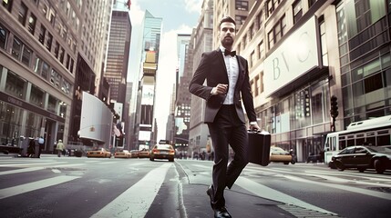 Confident businessman crossing city street with skyscrapers and yellow taxis in background