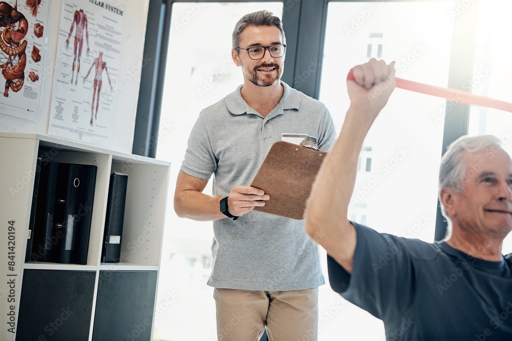 Canvas Prints Rehabilitation, physiotherapist and old man with resistance band, stretching and assessment check on clipboard. Physio, therapist and elderly patient for mobility training, exercise and exam report.