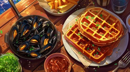 Delicious waffles with a side of mussels and fries on a rustic wooden table, perfect for a gourmet breakfast or brunch.