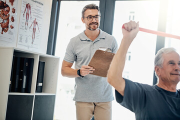 Rehabilitation, physiotherapist and old man with resistance band, stretching and assessment check on clipboard. Physio, therapist and elderly patient for mobility training, exercise and exam report.