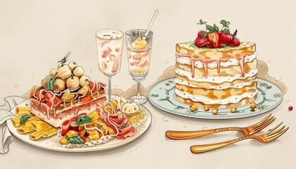 Illustration of delicious desserts including waffles topped with fruits and a layered cake, alongside glasses of refreshing drinks.