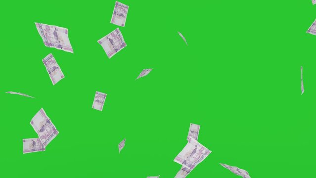 Money rain 100 england poundsterling banknotes money falling down. BRT currency. 3D render. Animation. paper money bills falling. Business and finance