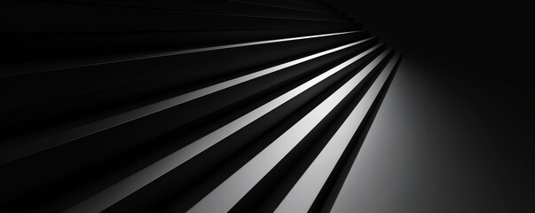 Obraz premium Black and white 3D abstract background rendering with lines of light. Black geometric shapes in the form of rays or strips on dark grey background. 