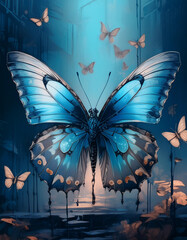 Tło, tapeta, plakat z motywem niebieskiego motyla. Generative AI