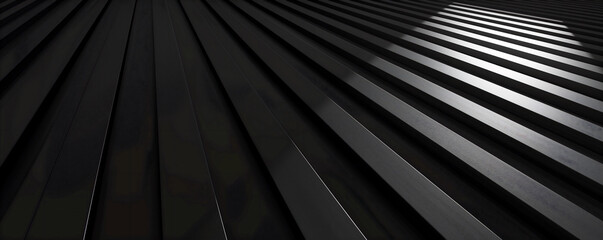 Black and white 3D abstract background rendering with lines of light. Black geometric shapes in the form of rays or strips on dark grey background. 