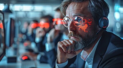 Corporative leaders seem stressed about new technologies, like artificial intelligence, computers with red error on the screen, office in the background, clear background. Generative AI.