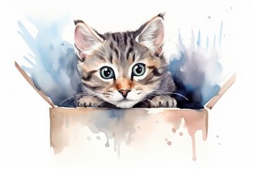 Cute watercolor painting of a kitten peeking out of a cardboard box with a splash of colors in the background.