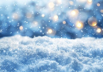 Stylish natural snow background with blue sky, beautiful light, snowflakes, and bokeh circles.