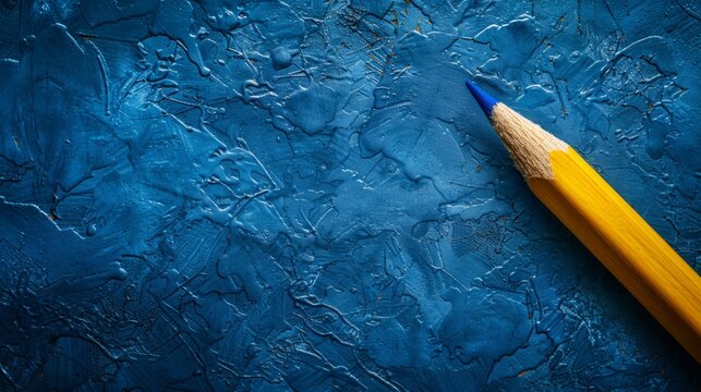 A sharpened yellow pencil placed on a blue textured background, offering ample copy space for text or design.