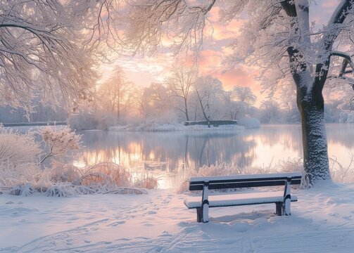 A bench in a snow-covered winter park with a lake and beautiful trees in frost in the morning. A beautiful blue and pink park inspired by nature.