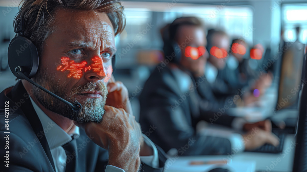 Aufkleber Corporative leaders seem stressed about new technologies, like artificial intelligence, computers with red error on the screen, office in the background, clear background. Generative AI.
