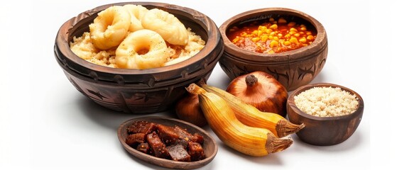 Traditional Ethiopian cuisine with injera and various stews beautifully presented in wooden bowls, showcasing a vibrant and colorful meal.