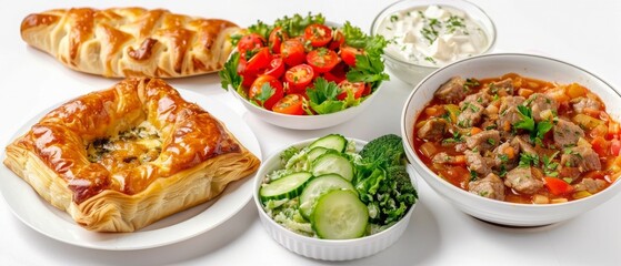 Variety of delicious homemade dishes including pies, salads, stews, and dips, served on a white background for a hearty meal experience.
