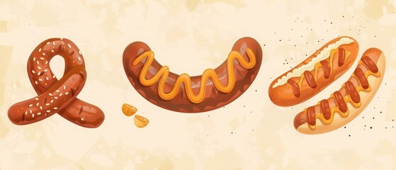 Vector illustration of delicious food items: pretzel, sausage with mustard, and hotdogs in a light background.