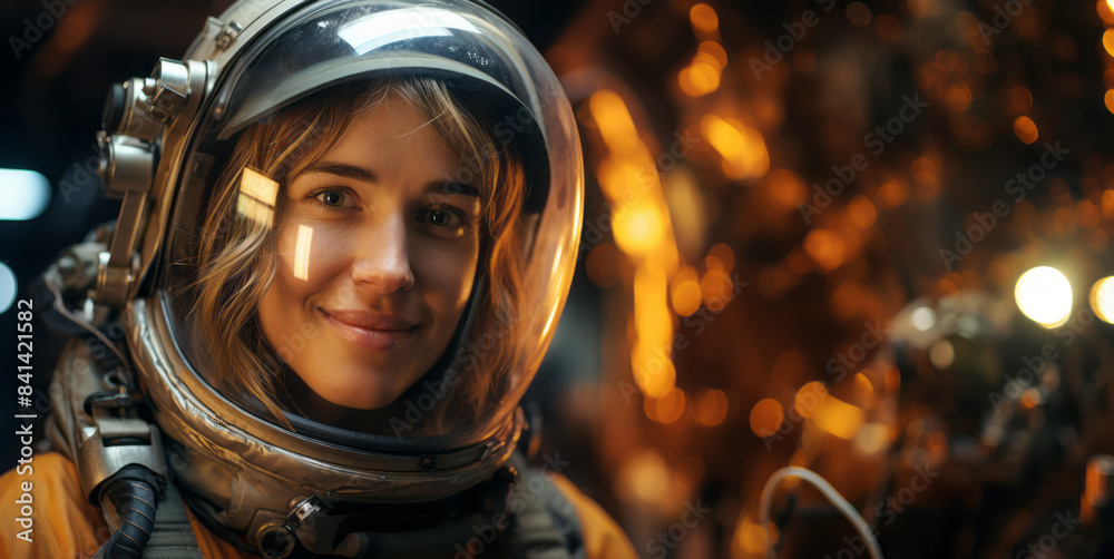 Aufkleber Smiling person in a space helmet, bokeh lights in the background, concept of space exploration. Generative AI