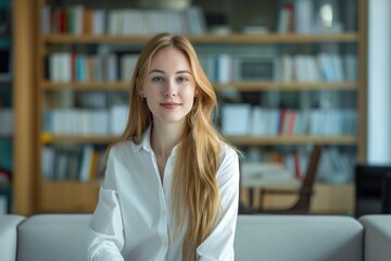 A happy young girl student is seated in the library to study a book. to gain knowledge while staring into a camera. picture
