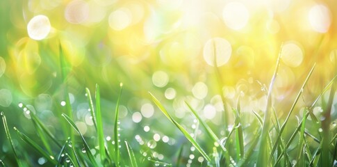 Obraz premium In an early spring or summer morning, this wide-format shot shows green grass close-up, with dew or raindrops on the blades and light bokeh.