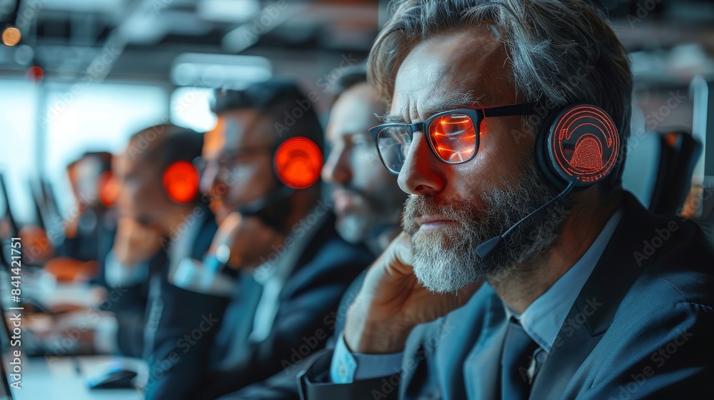 Aufkleber Corporative leaders seem stressed about new technologies, like artificial intelligence, computers with red error on the screen, office in the background, clear background. Generative AI.