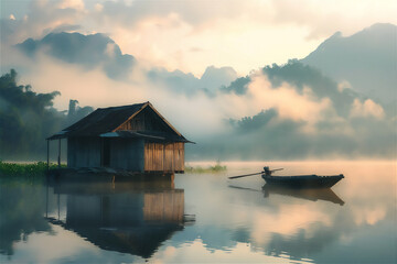 Fototapeta premium lake in the mountains with floating house at foggy sunrise morning