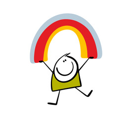Funny child dances, jumps, raises his arms and holds a rainbow. Vector illustration of a happy stickman. Positive and good mood. Isolated doodle character 
 on white background.