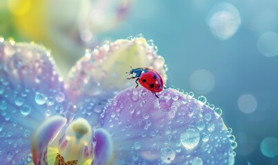 Nature outdoors with a ladybug on yellow bell flower in morning dew drops and a blue background.
